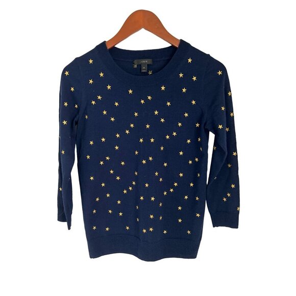 J.CREW Crewneck Tippi Merino wool sweater in embroidered stars navy blue gold XS - Picture 1 of 8